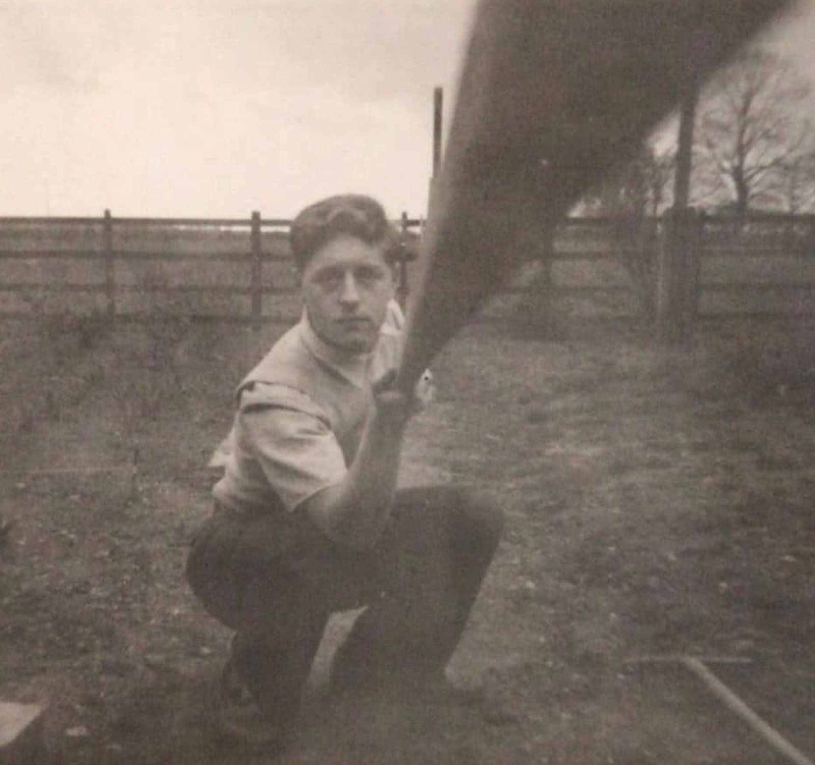 “My dad taking a selfie, using a piece of wood to activate the shutter, circa 1957.”